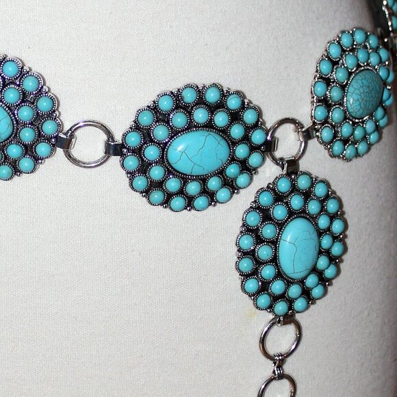 Western Turquoise Flower Concho Floral Oval Burst Medallion Belt L/XL by Tipi main image 8